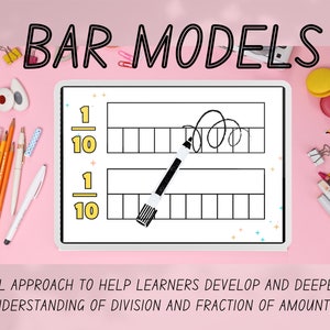 Pode incluir: Um quadro branco de apagamento a seco com um marcador preto e as palavras "BAR MODELS" no topo. O quadro é dividido em seções com as frações 1/10 e 1/10 escritas no lado esquerdo. Uma abordagem visual para ajudar os alunos a desenvolver e aprofundar sua compreensão da divisão e da fração de quantidades.