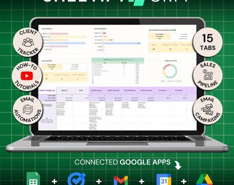 May include: A laptop displaying the Sheetify CRM interface, with a green grid background. The screen shows data visualizations and charts. Icons highlight features like client tracking, tutorials, email automation, sales pipeline, and email campaigns. Text includes "Connected Google Apps" and "Easy-to-Use".