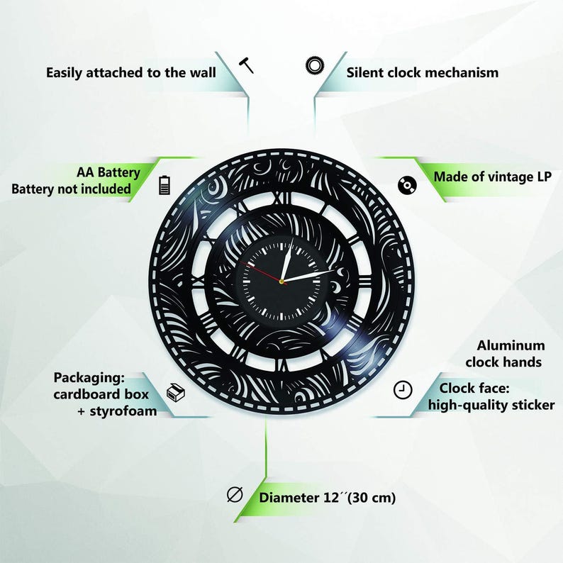 K&ouml;nnte beinhalten: Schwarze Wanduhr mit einem dekorativen, durchbrochenen Design. Das Zifferblatt hat r&ouml;mische Ziffern und wei&szlig;e Zeiger. Die Uhr hat einen Durchmesser von 30 cm und besteht aus einer Vintage-LP.