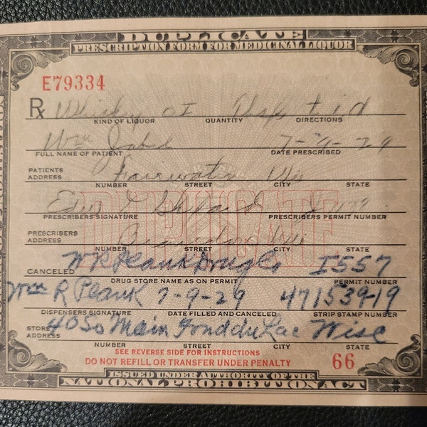 Prohibition Era 1929 Rezept Form medizinischen Likör WI, Alkohol RX Whisky