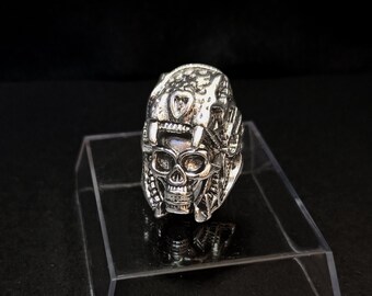 Silver Filled Aztec Jaguar Warrior Skull Ring: Handmade Bali Size 10