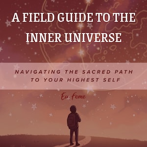 May include: An illustrated book cover with the title "A Field Guide to the Inner Universe" in white text against a burgundy background. The image features a person walking on a path towards the horizon, with stars and constellations.