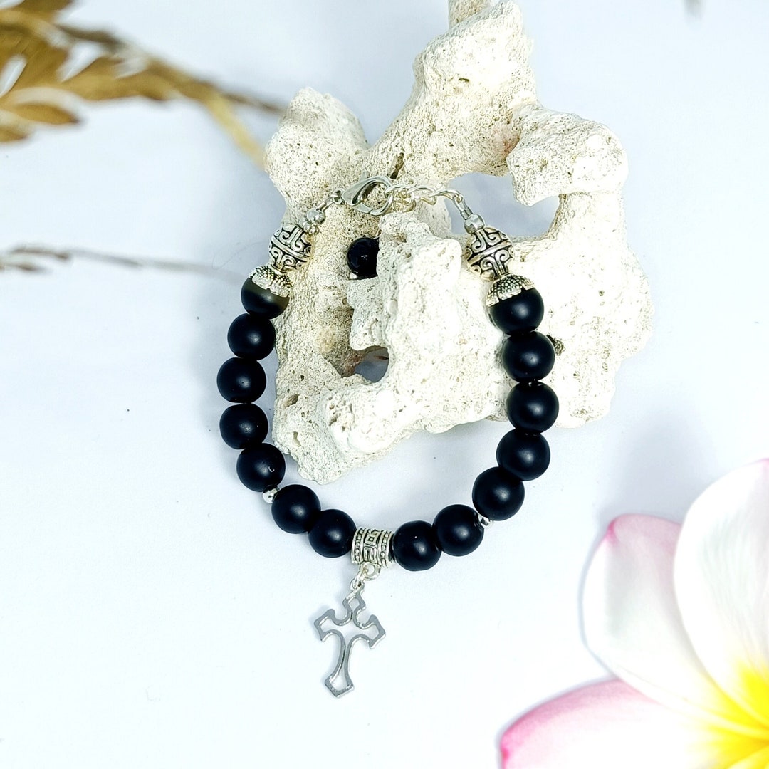 Handmade Bracelet Natural Black Onyx Bead Stone With Cross Etsy
