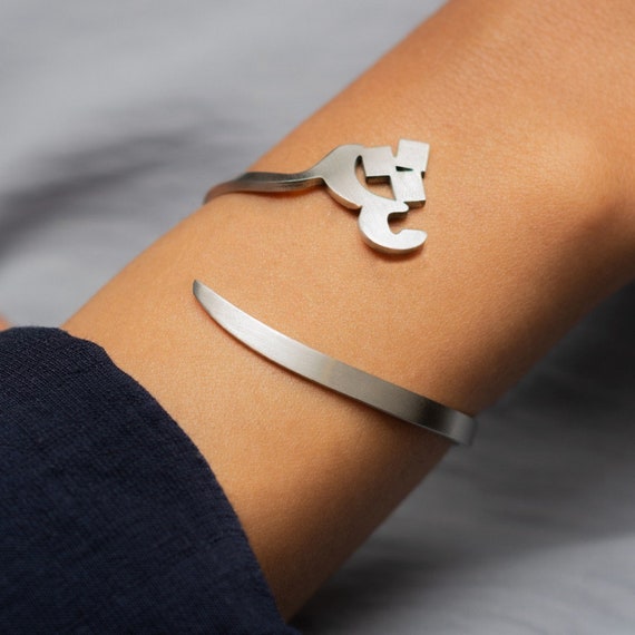Adjustable Arabic Letter Bangle Bracelet SH Letter Equivalent Sh or Sh n Brass with Gold or Silver Plating For Men and Women