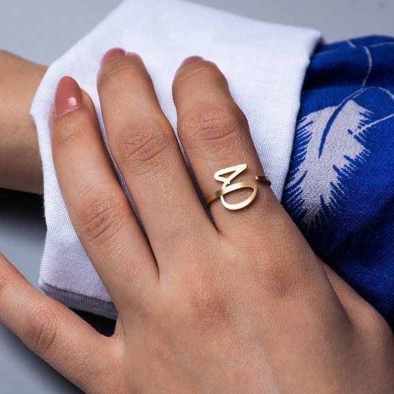Adjustable Arabic Letter Ring Ha Letter Equivalent Brass with Gold or Silver Plating for Men and Women
