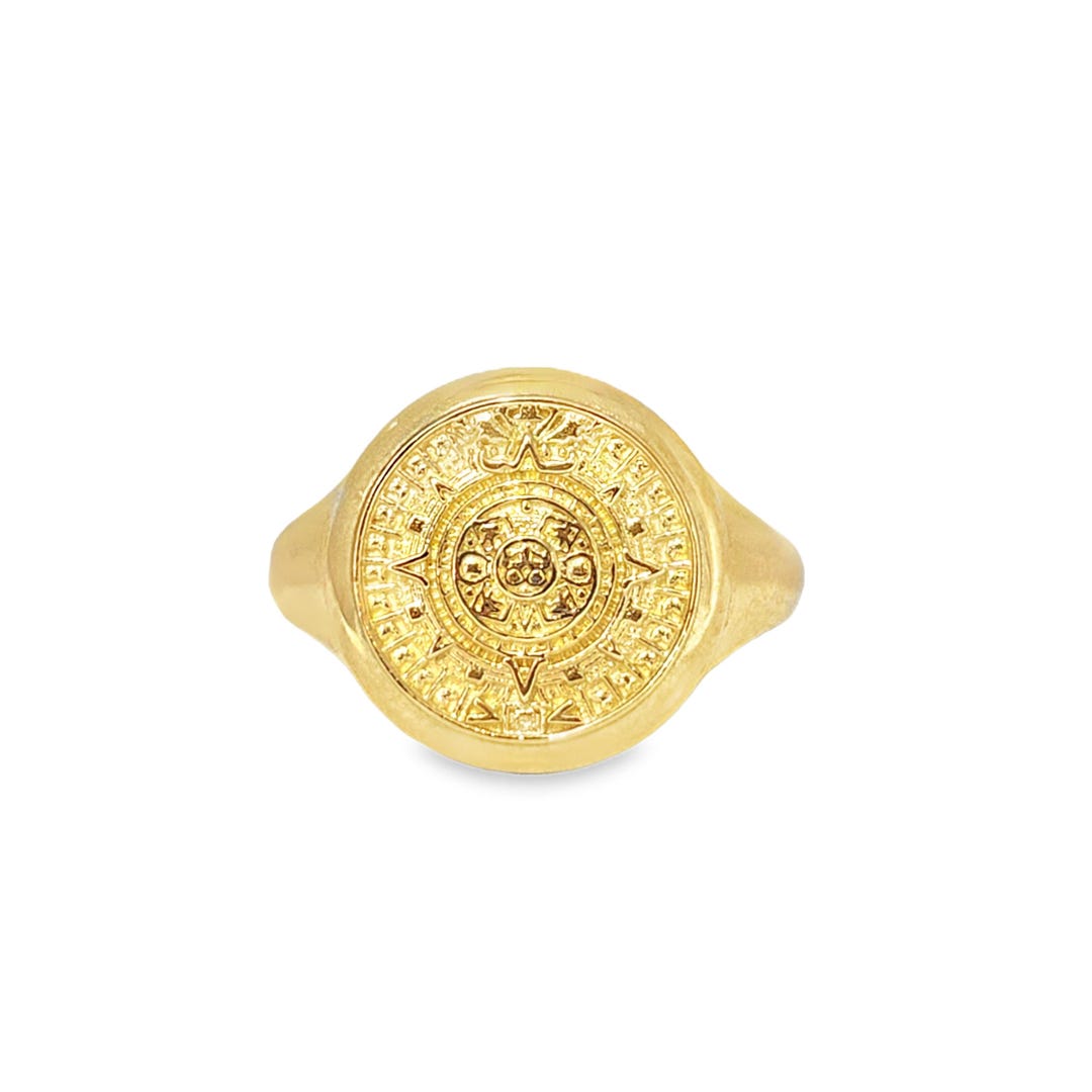 10k Yellow Gold Aztec Calendar Signet Ring - Etsy