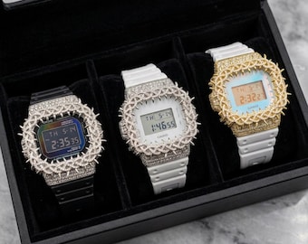 Aangepaste G-Shock DW5600 Moissaniet doornring | Iced Out-horloge | Hiphopcadeau voor heren