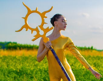 Sun Oracle Wizard Staff – Golden Solar Rod, Wooden Cult of Sun Wand, Mystical Costume Prop, Handcrafted Alder Staff