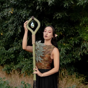 Crystal Of The Forest – Handmade Wooden Staff with Glass Crystal, Nature Staff for LARP & Cosplay