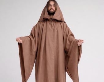 Cinnamon Cloak – Linen Hooded Cape, Medieval Fantasy Mantle, Custom Renaissance Costume Robe, Natural Fabric
