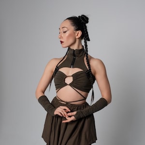 Zestaw Rave Fantasy – strój bawełniany, organiczny kostium Artwear na festiwale i występy, kolor khaki forest, kolor czarny lub srebrny