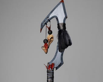 Shaman Staff – Dark Fantasy Cosplay Fantasy Prop with Feathers, Skulls and Wooden Beads