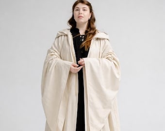 Natural Beige Linen Cloak – Buttercream Color Hooded Cape, Medieval Fantasy Mantle, Handmade Renaissance Robe, Custom Costume