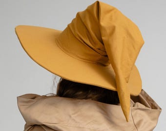 Golden Oak Mage Hat – Medieval Renaissance Fair Headwear, Elven Fantasy Festival Costume, Handmade Wizard Cap