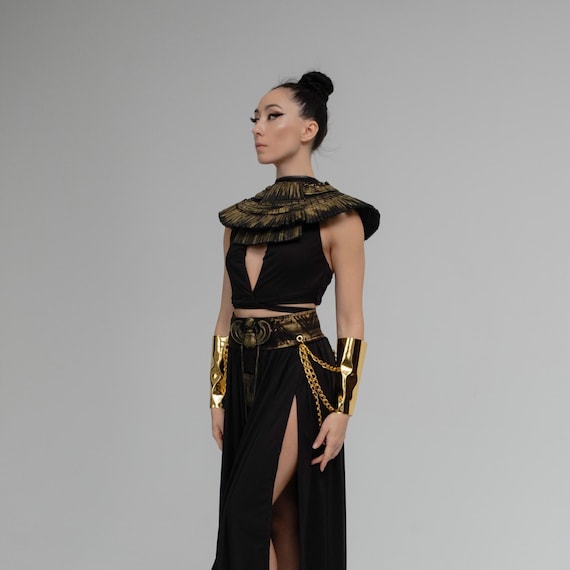 Goddess Egyptian Costume – Golden Serpent Priestess Outfit, Black Fantasy Costume With Sculpted Collar, Ancient-inspired Ritual Dress