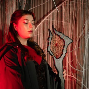 Op de afbeelding: Een zwarte houten staf met een dromenvanger ontwerp. De staf heeft een donkere afwerking en een decoratieve bovenkant met gebogen randen. De dromenvanger is gemaakt van een geweven web met een centrale kraal. De achtergrond is rood en wit.