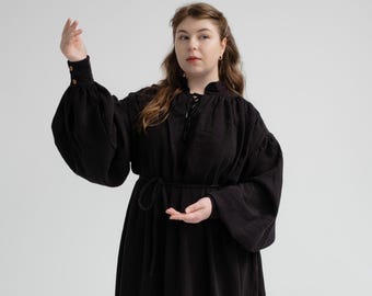 Raven Medieval Tunic – Black Gothic Fantasy Dress for Sorcerer or Witch, Handmade Linen Outfit, Dark Mage Robe, Shadow Path Tunic