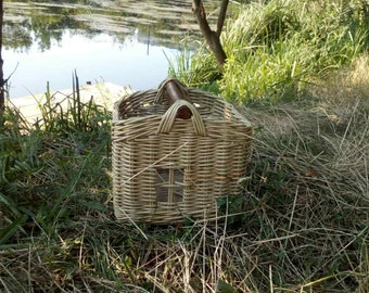 Rectangular wicker basket baby  gift. Wicker basket with a wooden handle. Wicker basket for toys.