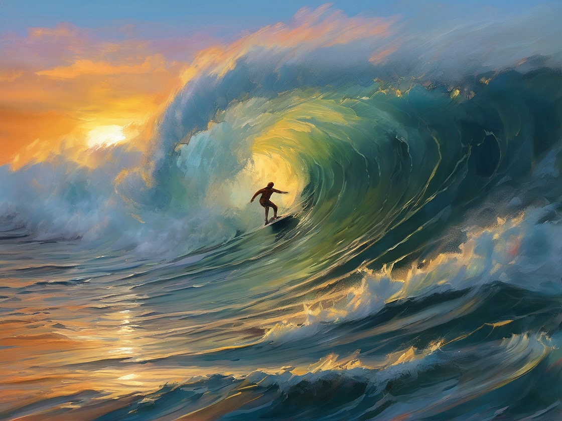 Surfer Wall Art Sunset Scene Barrel Wave Surfing Beach Home