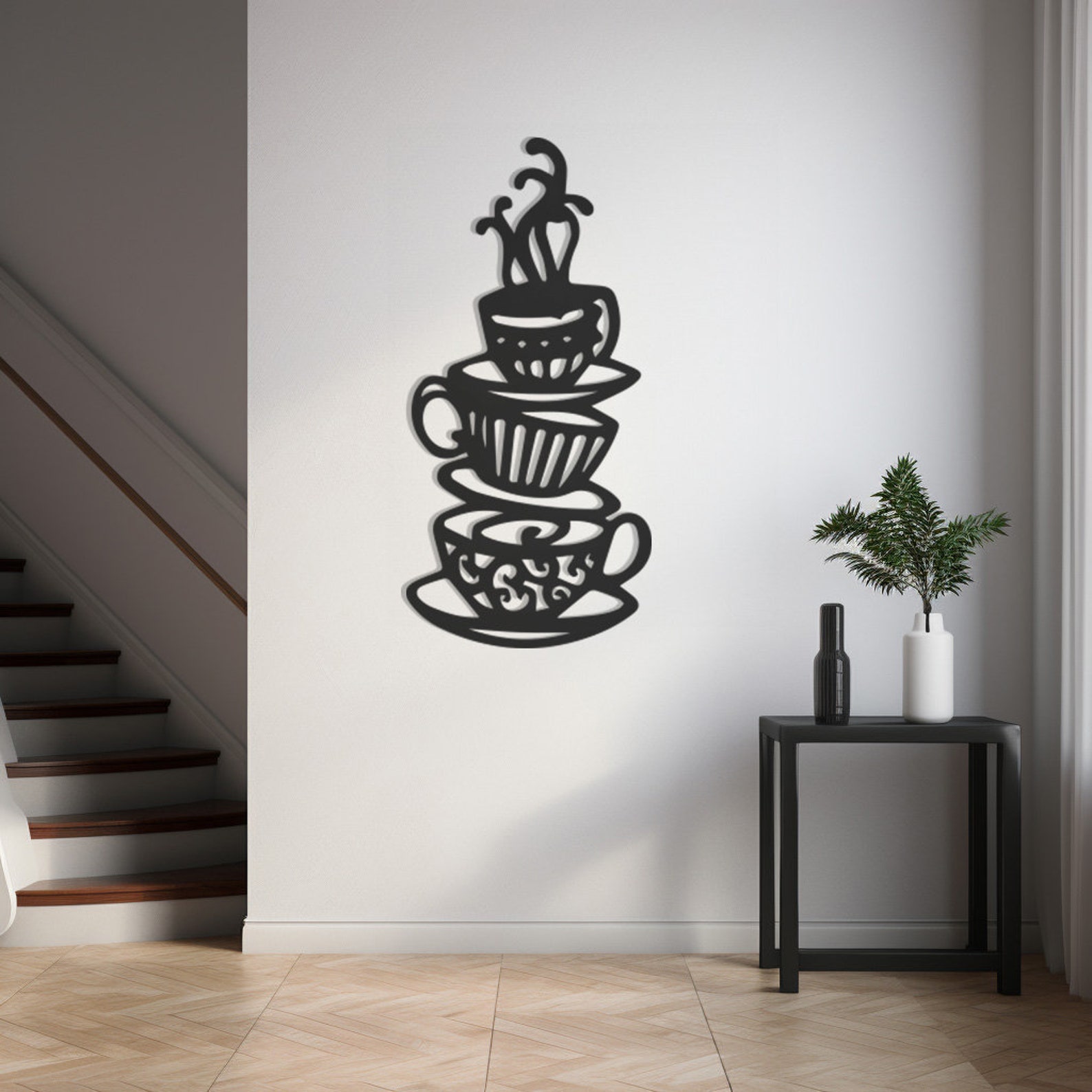 Coffee Cups Metal Wall Art, Steaming Beverage Design, Cafe Theme Decor