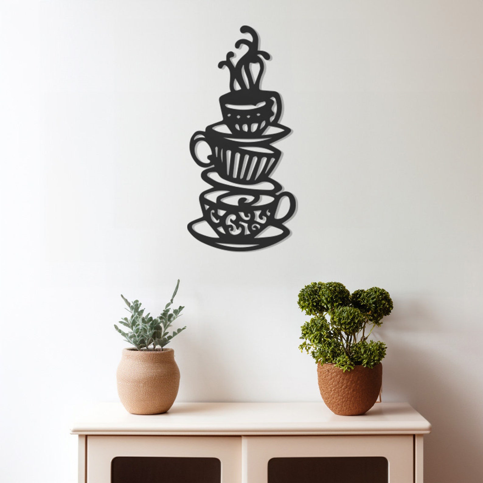 Coffee Cups Metal Wall Art, Steaming Beverage Design, Cafe Theme Decor