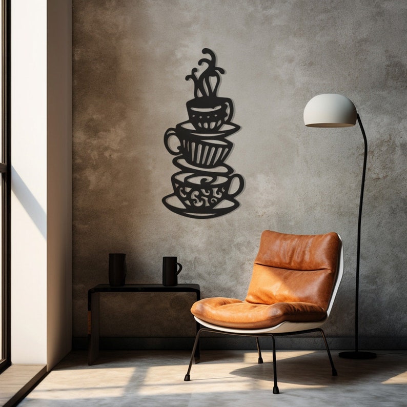 Coffee Cups Metal Wall Art, Steaming Beverage Design, Cafe Theme Decor