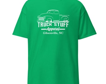 May include: Green t-shirt with a white outline of a vintage pickup truck and the text "TRUCK STUFF Apparel - Gibsonville, NC"