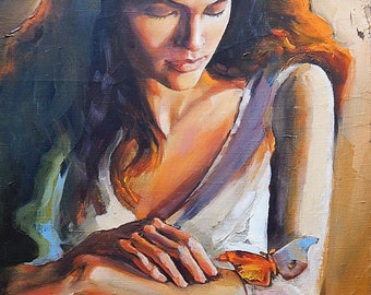 Woman Female Portrait with a Butterfly Original Oil Painting on canvas Ukrainian artist  Е. A. Maletich Signed Artwork 75 х 52 cm