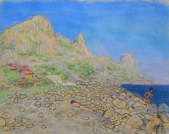 Original Pastel Painting Seascape Seashore Seaside Beach Landscape Soviet Ukrainian Artist V. I. Gubar Signed Artwork