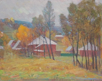 Dipinto ad olio antico originale Paesaggio rurale vintage dell'artista ucraino sovietico