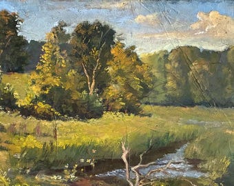 Original Vintage Oil Painting, Forest Pond Meadow Landscape, Ukrainian Impressionist Art, Signed 1977