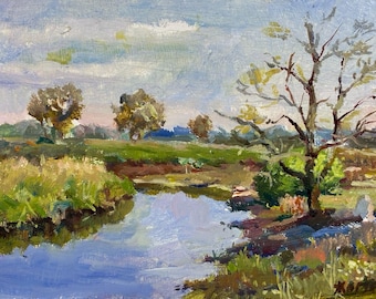 Original Vintage Oil Painting, Autumn River Landscape, Ukrainian Impressionist Art