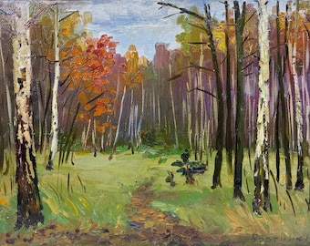 Autumn Forest Landscape Oil Painting, Original Antique Soviet Impressionist Art