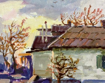 Village Sunset Landscape Oil Painting, Original Vintage Ukrainian Impressionist Art