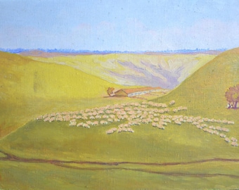 Original Vintage Oil Painting, Rural Field Flock of Sheep Landscape, Ukrainian Impressionist Art, Farmhouse Wall Art, Rustic Decor