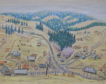 Ländliche Berglandschaft Original antikes Pastellgemälde des sowjetischen ukrainischen Künstlers V. I. Gubar Vintage signiertes Kunstwerk