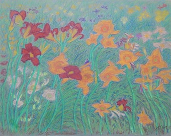 Vintage-Blumenstillleben, originales antikes Blumen-Pastellgemälde des sowjetischen ukrainischen Künstlers V. I. Gubar, signiertes Kunstwerk, 65 x 50 cm
