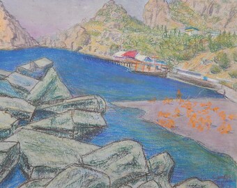 Meereslandschaft, Meeresküste, Strandlandschaft, Original-Pastellgemälde des sowjetischen ukrainischen Künstlers V. I. Gubar, signiertes Kunstwerk