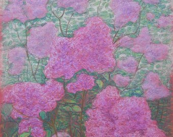 Vintage-Blumenstillleben mit Hortensienblüten, Originales antikes Pastellgemälde des sowjetischen ukrainischen Künstlers V. I. Gubar, signiertes Kunstwerk, 50 x 65 cm