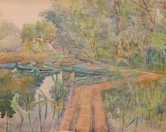 Vintage River Landscape Original Pastel Painting by Soviet Ukrainian Artist Signed Artwork