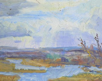 Original Vintage Oil Painting, Spring River Landscape, Ukrainian Impressionist Art