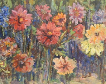 Vintage Floral Still Life with Flowers Original Antique Oil Painting Soviet Ukrainian Art 60s.