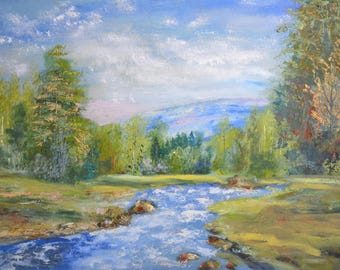 Original Vintage Oil Painting, Mountain River Stream Landscape, Ukrainian Artist, Impressionist Rustic Farmhouse Wall Decor