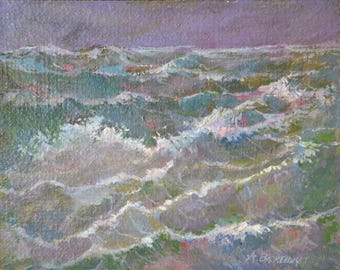 Original Seascape Oil Painting, Stormy Ocean Waves, Vintage Impressionist Coastal Art