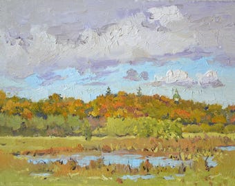 Original Impressionist Oil Painting, Sunny Autumn Field Landscape, Vintage Ukrainian Fine Art