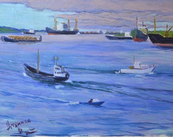Vintage Seascape Oil Painting, Maritime Harbor, Original Ukrainian Impressionist Art