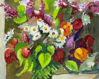Floral Still Life Wildflowers Bouquet Oil Painting, Original Vintage Impressionist Art