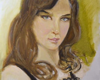 Original Vintage Oil Painting, Brunette Woman Portrait, Ukrainian Impressionist Art