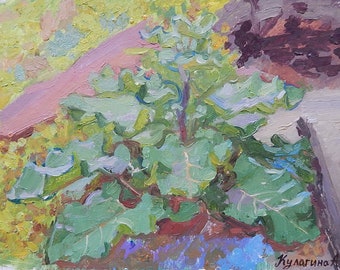 Original Oil Painting Landscape Still life with Burdock Ukrainian Artist Signed Art