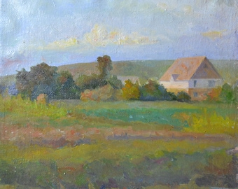 Country House Landscape Oil Painting, Original Vintage Ukrainian Impressionist Art